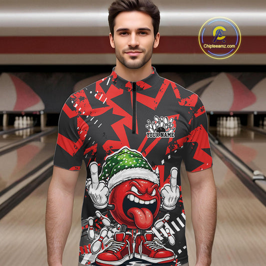 Custom Funny Christmas Bowling Men Quarter-Zip Shirts, Crazy Bowling Ball Xmas Outfit IPHW10130