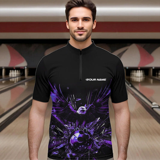 Black And Purple Eagle Break Glass Custom Bowling Quarter-Zip Shirts For Men, Bowling Team Shirt IPHW8397