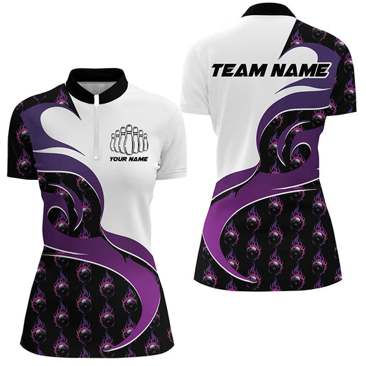 Customized Purple Flame Bowling Polo Shirts For Women, Bowling Team Shirts Outfit Bowling IPHW6972