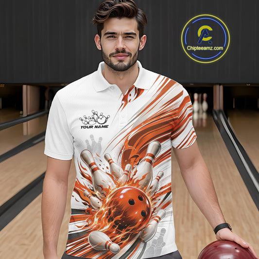 Custom White And Orange Flame Bowling Team Jerseys, Bowling League Men Polo Shirt IPHW11645