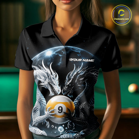 A woman wearing a black short-sleeve polo shirt with a detailed graphic print of two dragons around a 9-ball pool ball, set against a blurred pool table background.