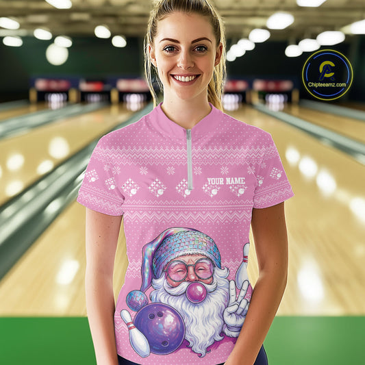Custom Funny Santa Christmas Women Bowling Quarter-Zip Shirts, Pink Xmas Team Outfit IPHW10140