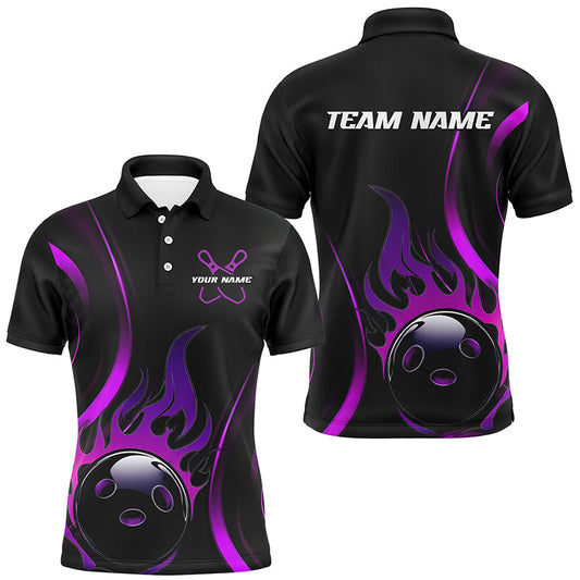 Custom Purple Flame Bowling Polo Shirts For Men, Team Bowling League Shirts IPHW6988