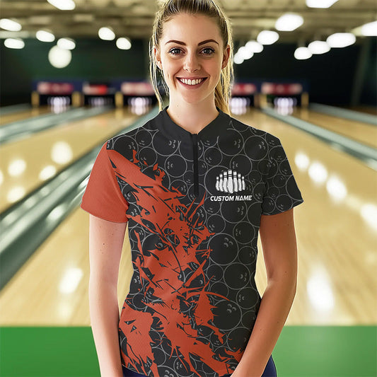 Black And Orange Custom Bowling Tournament Womens Quarter-Zip Shirts, Bowling Team Jerseys IPHW8421