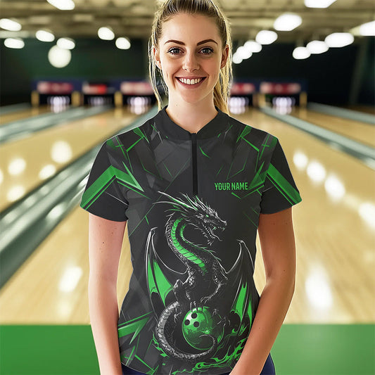 Custom Black And Irish Green Dragon Bowling Womens Quarter-Zip Shirts, Bowling Uniform IPHW8641