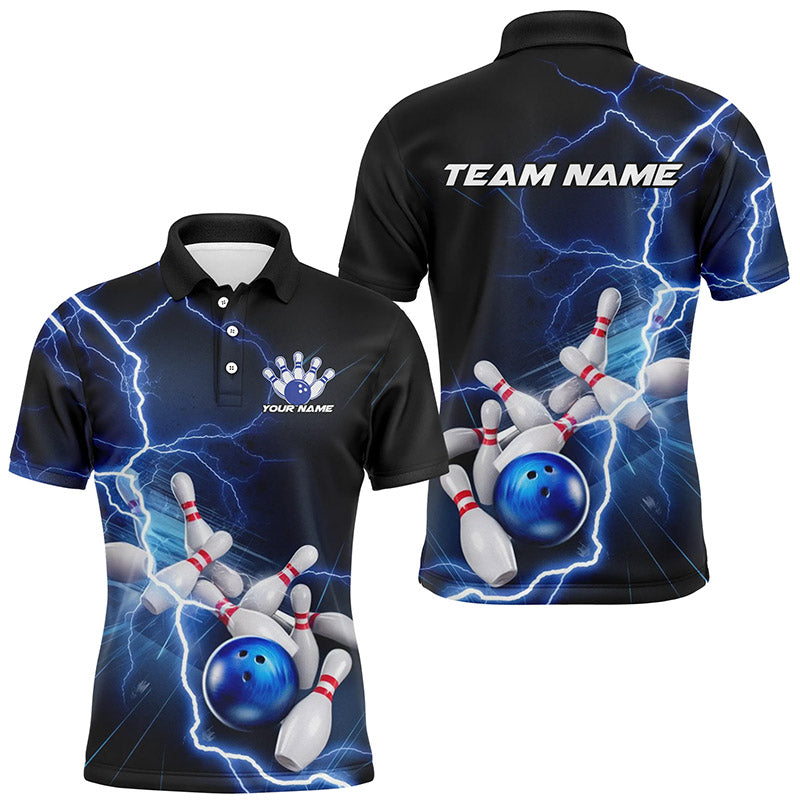Black And Blue Thunder Lightning Custom Striking Bowling Shirts For Men, Bowling Team Uniform IPHW7540