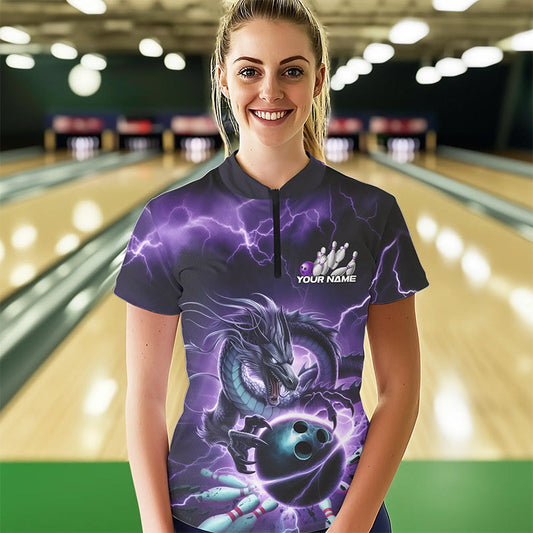 Custom Black And Purple Thunder Lightning Dragon Womens Bowling Quarter-Zip Shirts IPHW8679