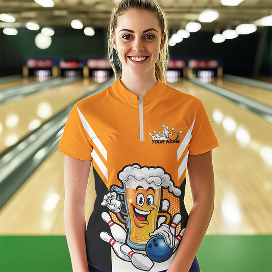 Custom Funny Beer Bowling Quarter-Zip Shirts For Women, Yellow Bowling Team League Shirt IPHW8930