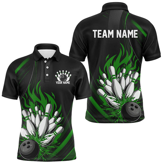 Personalized Bowling Shirts For Men, Black And Green Flame Bowling Team Shirt Bowlers Outfit IPHW7209