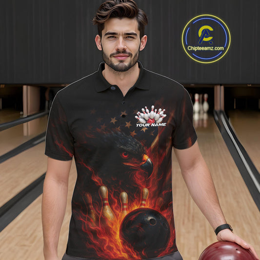 Custom Vintage Patriotic Flame Eagle Bowling Men Shirts, US Flag Bowling League Shirt IPHW10145