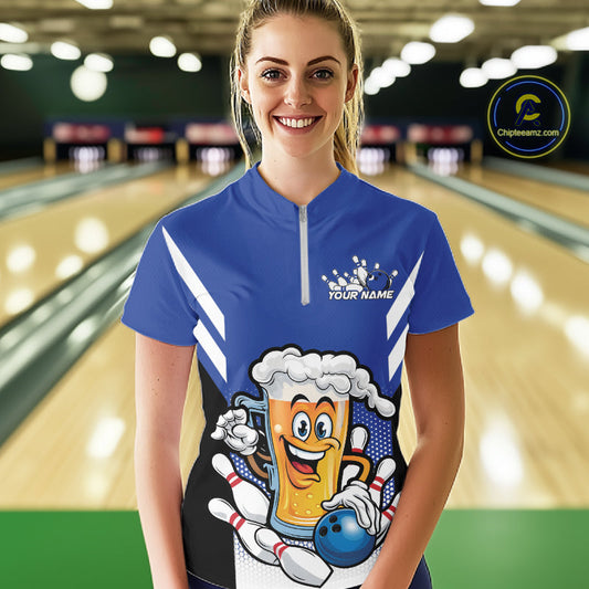 Custom Funny Blue Bowling Jerseys Bowling And Beer Women Shirts, Bowling Jerseys IPHW10541