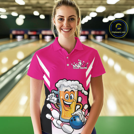 Custom Funny Pink Bowling Jerseys Bowling And Beer Women Polo Shirts, Bowling Jerseys IPHW10542