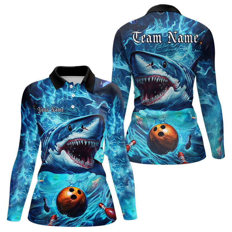 Custom Shark Team Bowling Long Sleeve Polo Shirts For Women, Shark Bowling Team Outfits IPHW8007