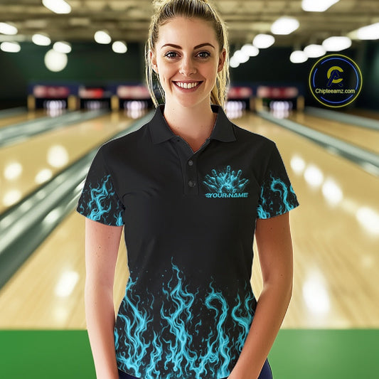Custom Blue Flame Skull Bowling Team Shirts For Women, Halloween Bowling Jerseys IPHW10555