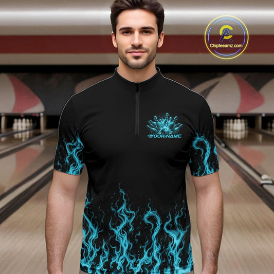 Custom Blue Flame Skull Bowling Team Shirts For Men, Halloween Bowling Jerseys IPHW10555