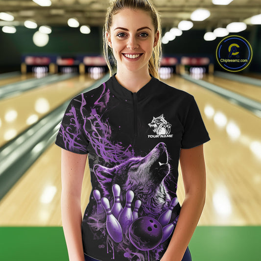 Custom Purple Wolf Howling Women Quarter-Zip Shirt, Wolf Bowling Team Jerseys IPHW10159