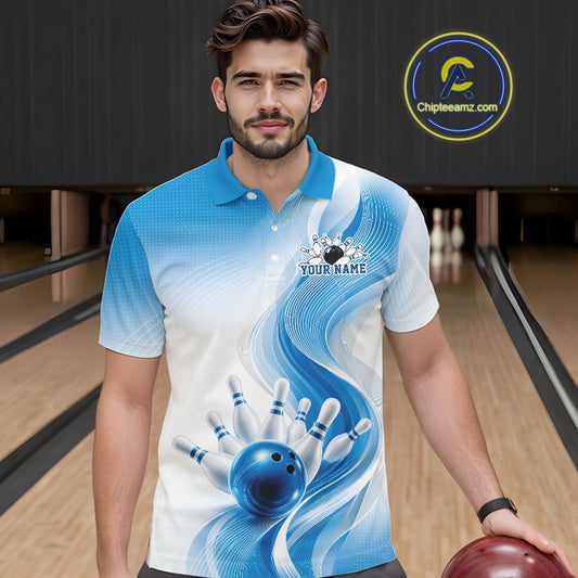 White and blue bowling polo shirt on a male model, decorated with fluid wave patterns and a glossy bowling strike graphic