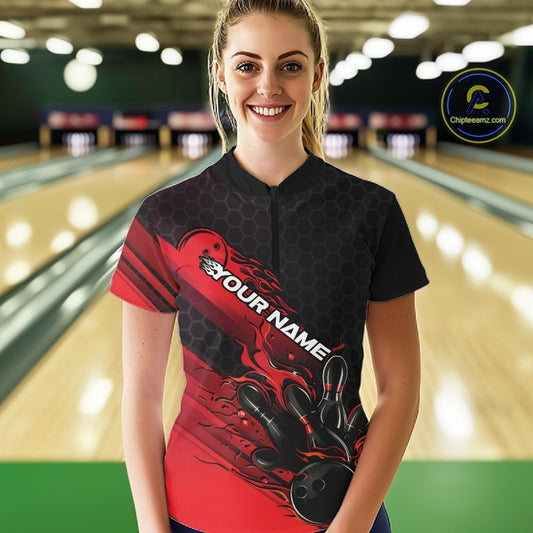 Custom Black And Red Flame Bowling Team Shirt, Bowling League Shirt Women Bowling Jersey IPHW10574