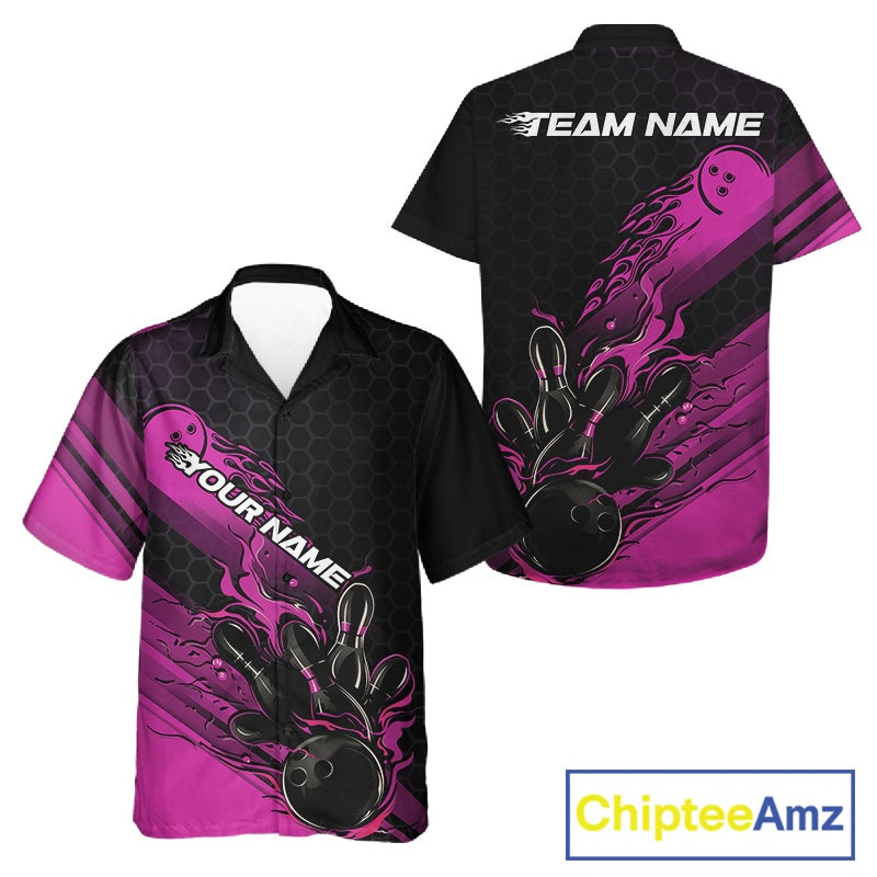 Custom Black And Pink Flame Bowling Team Shirts, Bowling League Shirt Men And Women Bowling Jersey IPHW10576