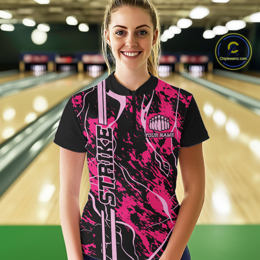 Custom Black And Pink Camo Strike Bowling Shirt Women Bowling Team Jersey Bowling League IPHW10611