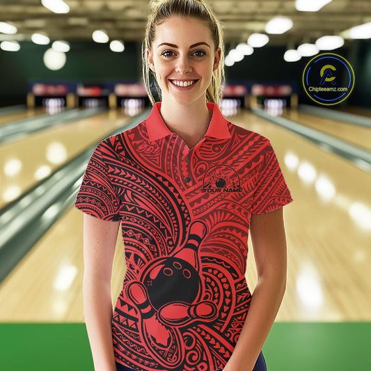 Custom Black And Red Traditional Samoan Tribal Polynesian Pattern Bowling Women Shirt IPHW10325