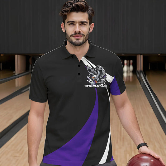 Custom Black And Purple Eagle Bowling Men Polo Shirts, Eagle Bowling Team Jerseys IPHW8734
