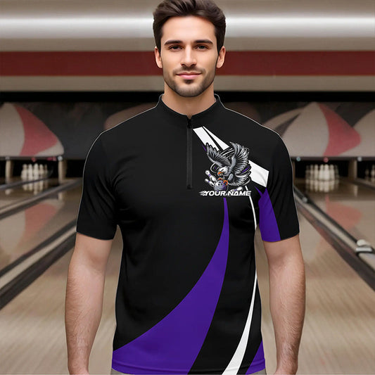 Custom Black And Purple Eagle Bowling Men Quarter-Zip Shirts, Eagle Bowling Team Jerseys IPHW8734