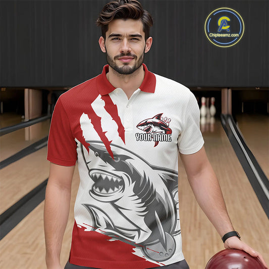 Custom White And Red Shark Jerseys, Shark Bowling Team Men Polo Shirts Bowlers Outfit IPHW8987