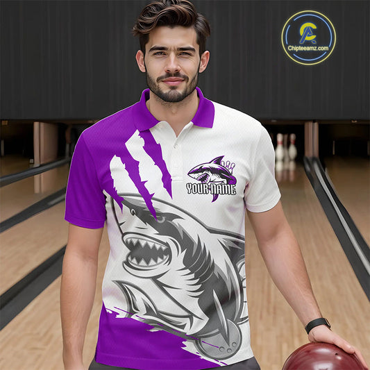 Custom White And Purple Shark Jerseys, Shark Bowling Team Men Polo Shirts Bowlers Outfit IPHW8988