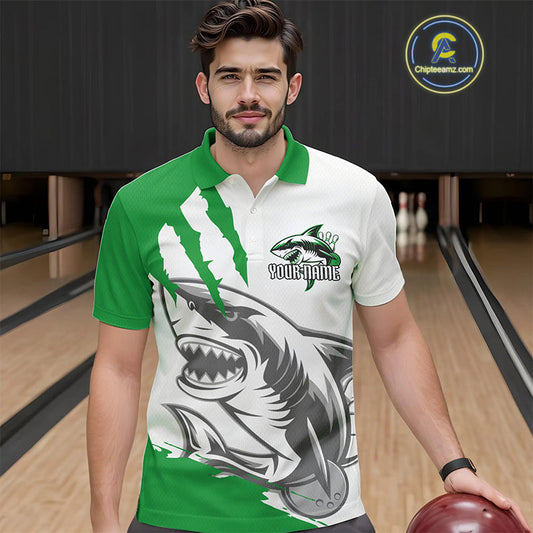 Custom White And Green Shark Jerseys, Shark Bowling Team Men Polo Shirts Bowlers Outfit IPHW8989
