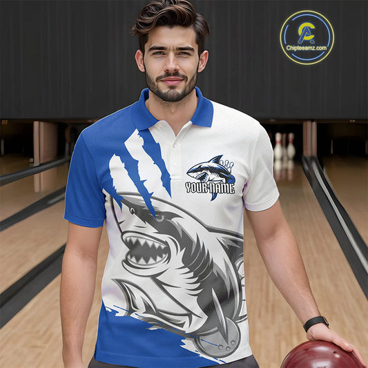 Custom White And Blue Shark Jerseys, Shark Bowling Team Men Polo Shirts Bowlers Outfit IPHW8990