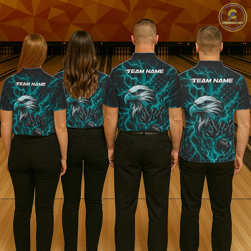 Custom Turquoise Blue Lightning Flame Eagle Men Bowling Shirt, Patriotic US Team Shirt IPHW10172