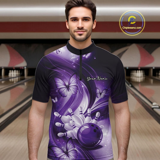 Male model wearing a purple bowling quarter-zip in a bowling center with bowling action graphics and butterflies.