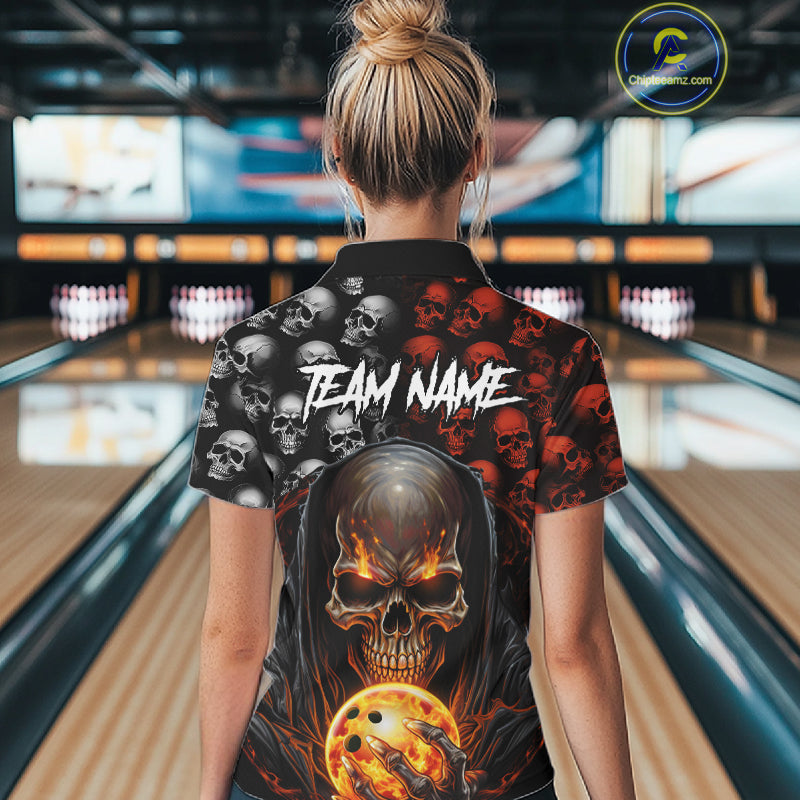 Custom Skull Bowling Mens Polo Shirts Bowling League Team Jerseys Bowling Halloween Outfits IPHW5346