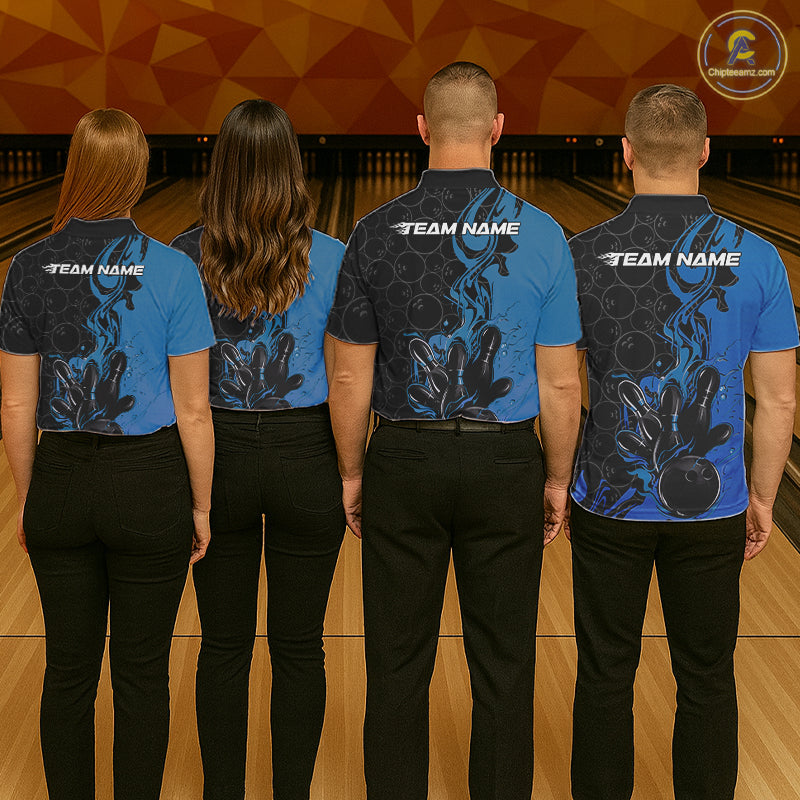 Custom Black And Blue Fire Flame Bowling Team Men Polo Shirts, Bowling League Shirt IPHW10185