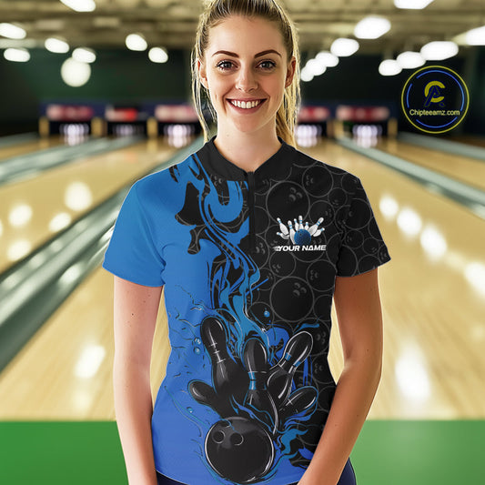 Custom Black And Blue Fire Flame Bowling Women Quarter-Zip Shirts, Bowling League Shirt IPHW10185