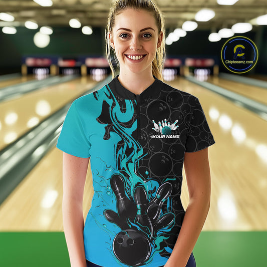 Custom Black And Blue Fire Flame Bowling Women Quarter-Zip Shirts, Bowling League Shirt IPHW10186