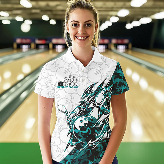 Custom Turquoise Blue Camouflage Bowling Women Polo Shirts, Team Uniform Bowler Outfit IPHW8772