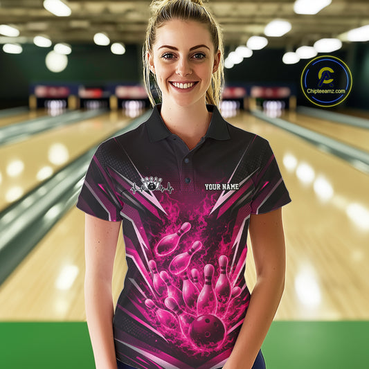 Female model in bowling lane wearing polo shirt with flaming bowling ball striking pins red dynamic sports fire design
