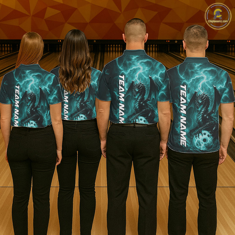 Custom Turquoise Blue Thunder Lightning Bowling Team Men Polo Shirt, Bowling Jerseys IPHW10196
