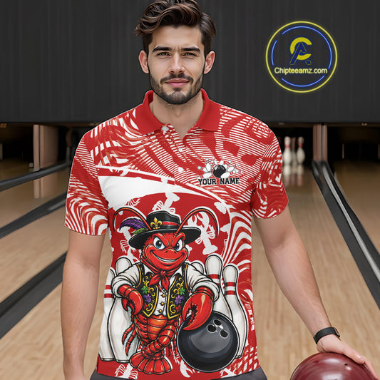 Front view of a male model in a bowling alley wearing a red custom bowling polo shirt with a funny Cajun crawfish leaning on a bowling ball and a swamp inspired texture background.