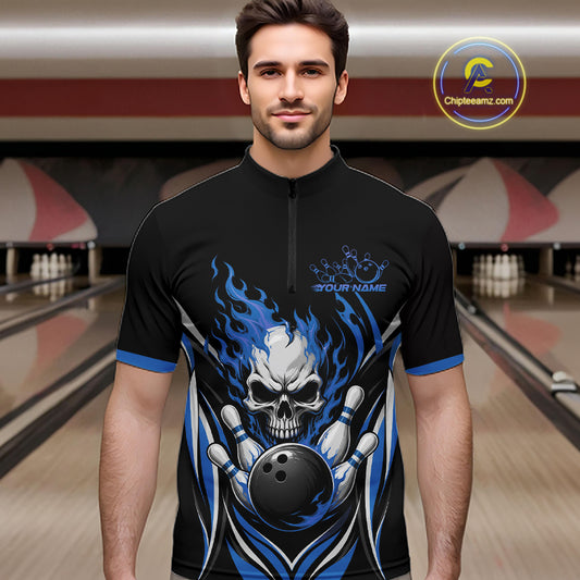 Custom Blue Flame Skull Bowling Men Quarter Zip Shirt, Halloween Bowling Jersey IPHW11701
