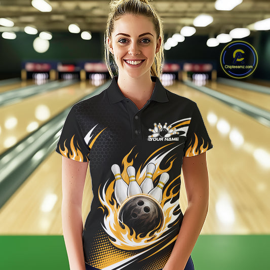Custom Yellow Flame Bowling Jerseys, Bowling Team Women Polo Shirt Bowlers Outfit IPHW11708