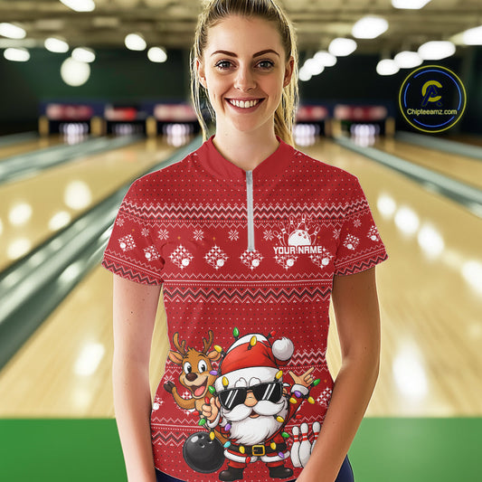 Custom Funny Christmas Women Bowling Shirts, Santa Claus And Reindeer Xmas Bowling Shirt IPHW10203