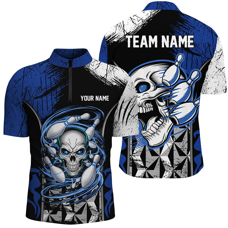 Blue And Black Custom Skull Bowling Shirts, Bowling Quarter Zip Shirts For Men Bowling Uniform IPHW6751
