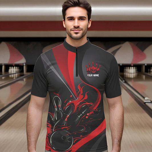 Red And Black Flame Bowling Team Shirts, Strike Bowling Short Sleeve Quarter Zip Shirts For Men IPHW6755