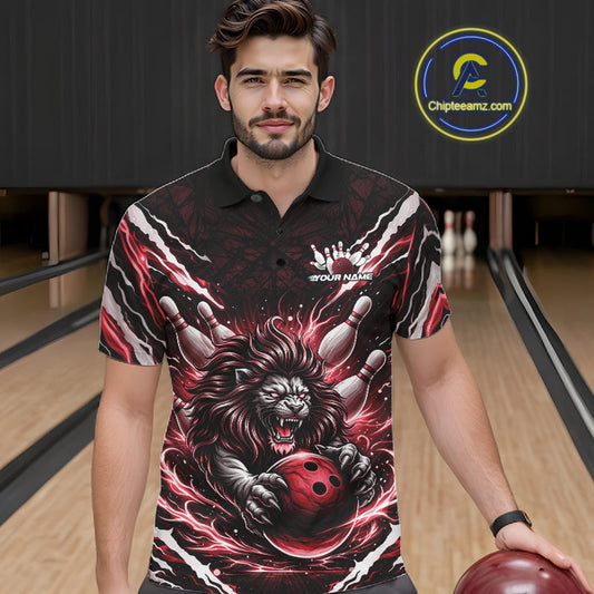 Custom Black And Red Lion Bowling Jerseys, Lion Bowling Tournament Men Polo Shirt IPHW10353