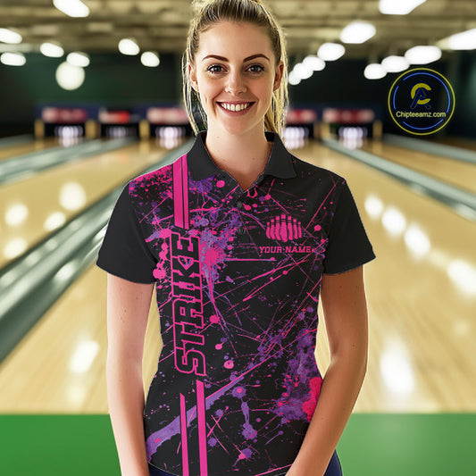 Custom Purple And Pink Splatter Camo Strike Bowling League Shirts, Women Bowling Jerseys IPHW10649