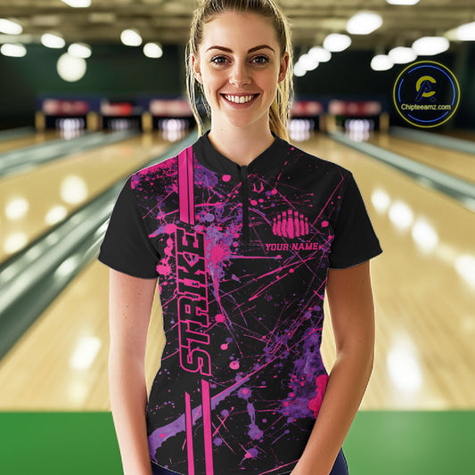 Custom Purple And Pink Splatter Camo Strike Bowling League Shirts, Women Bowling Jerseys IPHW10649