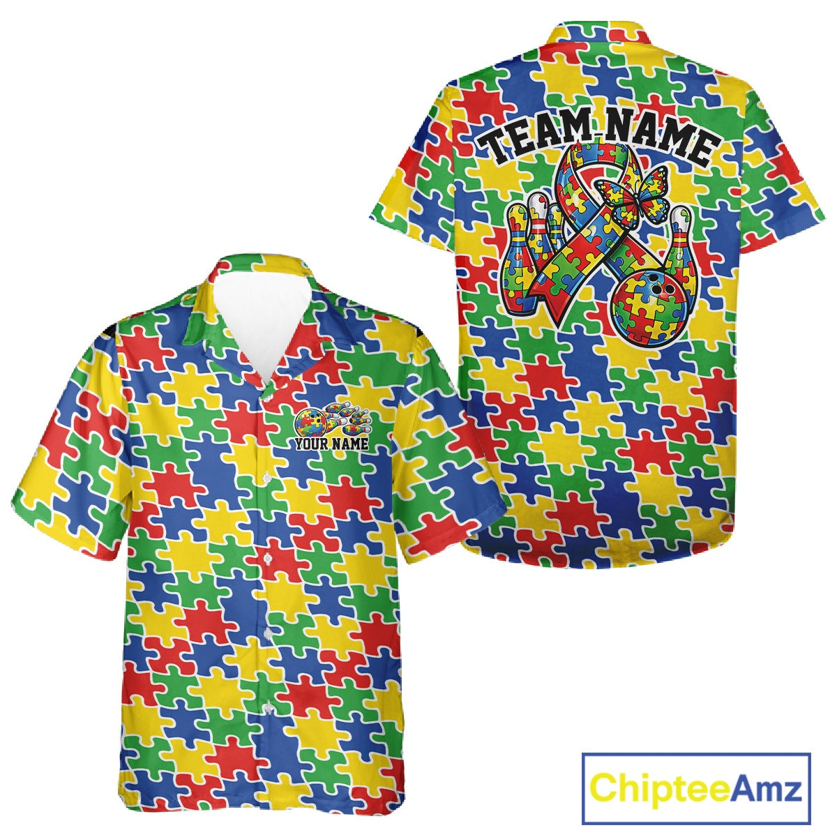 Button-up bowling shirt mockup displaying seamless multicolor puzzle piece pattern in red, blue, green, and yellow across the entire shirt